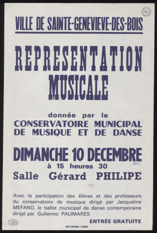 SAINTE-GENEVIEVE-DES-BOIS.- Représentation musicale, par le Conservatoire municipal de musique et de danse, Salle Gérard Philipe, [10 décembre 1972]. 