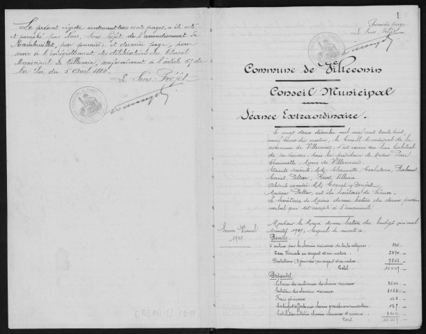 VILLECONIN. - Administration générale de la commune : registre des délibérations du conseil municipal. 