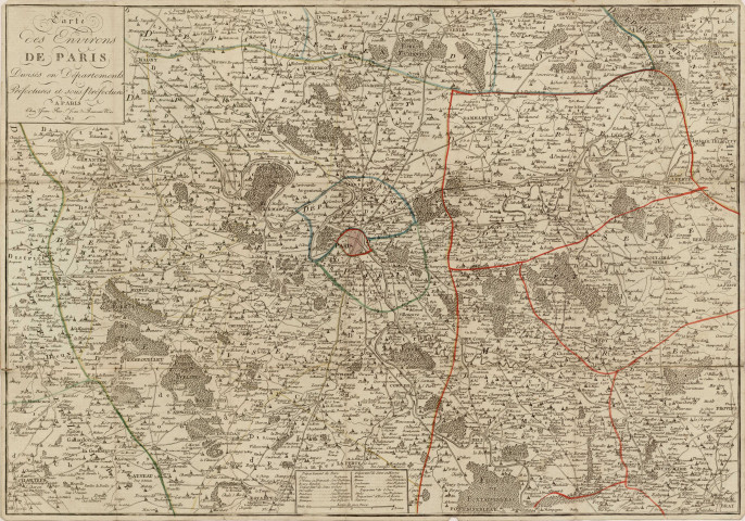 Carte des environs de PARIS divisée en départements, préfectures et sous-préfectures, PARIS, 1812. Ech. 8,7 cm = 4 lieues de 2 000 toises. Sur toile. Coul. Lég. Dim. 0,755 x 0,535. 