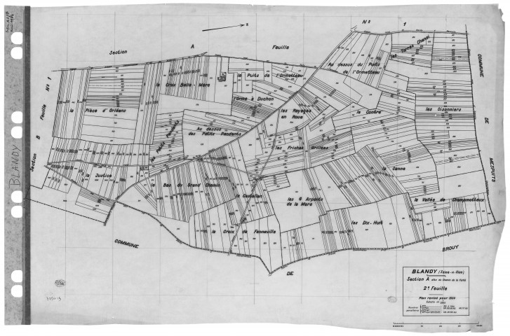 BLANDY.- Cadastre révisé pour 1934 : plan du tableau d'assemblage, plans de la section A le Chemin de la Ferté 1ère feuille, idem 2ème feuille, section B le Village 1ère feuille, idem 2ème feuille, idem 3ème feuille ; cadastre révisé pur 1938 : plan de la section B le Village 3ème feuille, [7 plans]. 