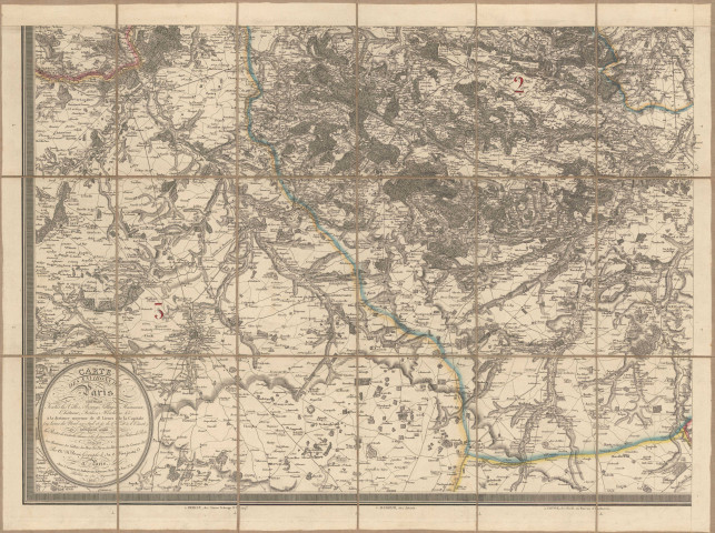 Carte des environs de PARIS : CHARTRES, PARIS, [XIXe siècle]. Sans éch. Sur toile. Coul. Dim. 0,73 x 0,53. 