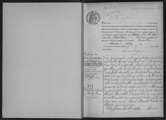 BOISSY-SOUS-SAINT-YON.- Naissances, mariages, décès : registre d'état civil (1916-1927). 