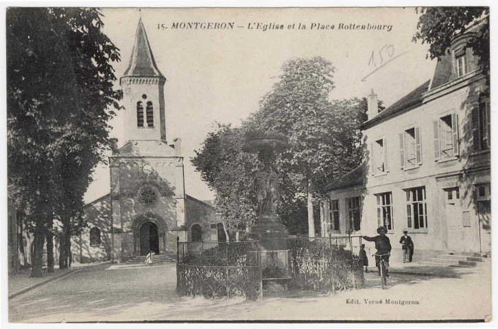 MONTGERON. - Eglise et place Rottenbourg [Editeur Verne]. 