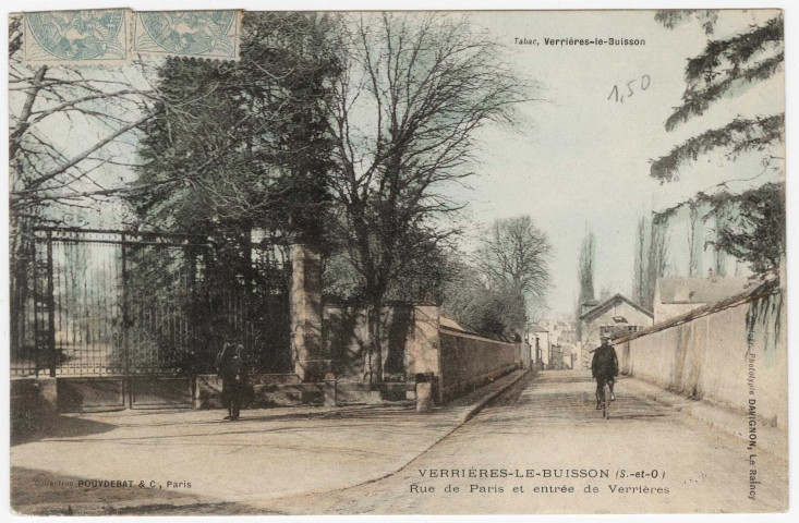 VERRIERES-LE-BUISSON. - Rue de Paris et entrée de Verrières [Editeur Davignon, 1906, 2 timbres à 5 centimes]. 
