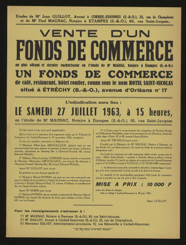 ETRECHY. - Vente d'un fonds de commerce de café-restaurant-hôtel routier, connu sous le nom d'hôtel Saint-Nicolas, 27 juillet 1963. 
