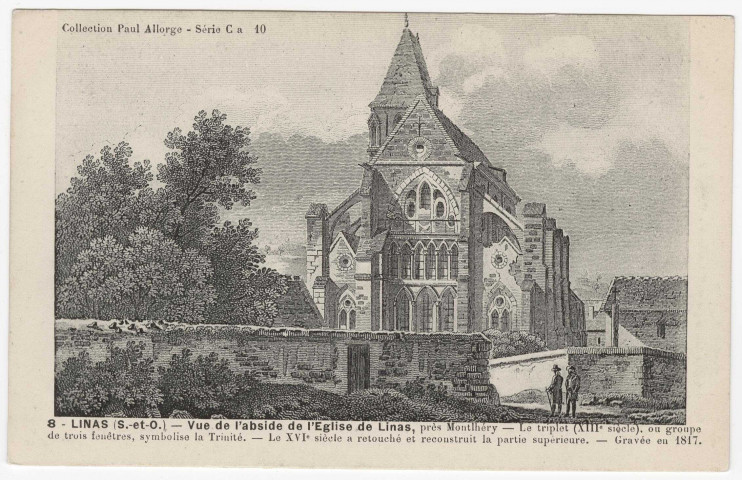 LINAS. - Vue de l'abside de l'église de Linas (carte d'après gravure de 1817). Seine-et-Oise Artistique, Paul Allorge. 