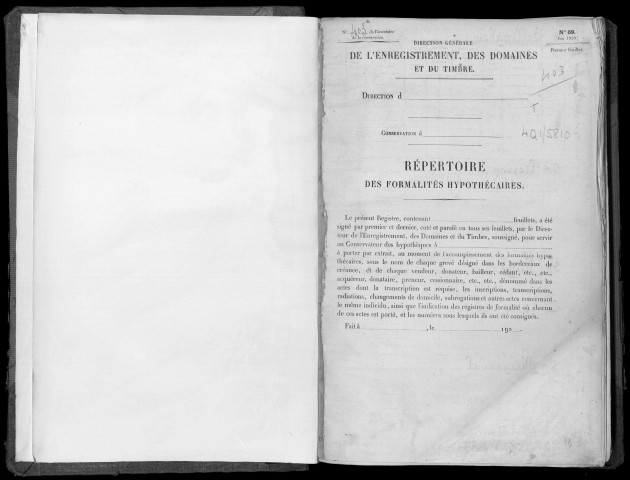 Conservation des hypothèques de CORBEIL. - Répertoire des formalités hypothécaires, volume n° 403 : A-Z (registre ouvert vers 1920). 