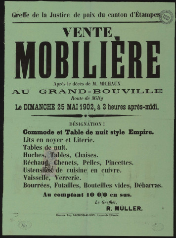 BOUVILLE. - Vente mobilière après le décès de M. MICHAUX, 25 mai 1902. 