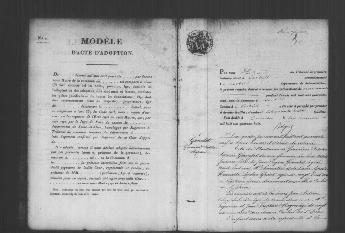 CORBEIL. Naissances : registre d'état civil (1849). 