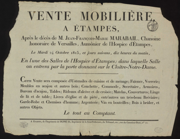 ETAMPES.- Vente mobilière, après le décès de M. Jean-François-Marie MARABAIL, chanoine honoraire de VERSAILLES, aumônier de l'Hospice d'ETAMPES, 24 octobre 1815. 