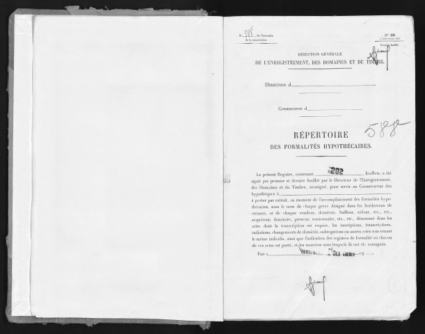 Conservation des hypothèques de CORBEIL. - Répertoire des formalités hypothécaires, volume n° 588 : A-Z (registre ouvert en 1937). 