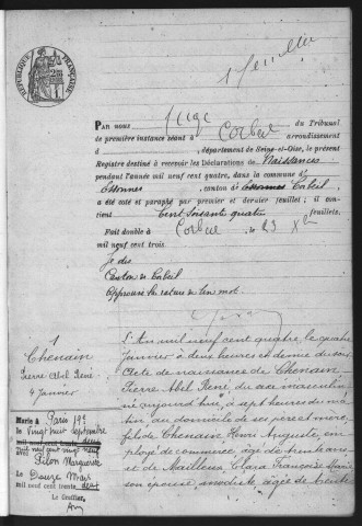 ESSONNES.- Naissances : registre d'état civil (1904). 