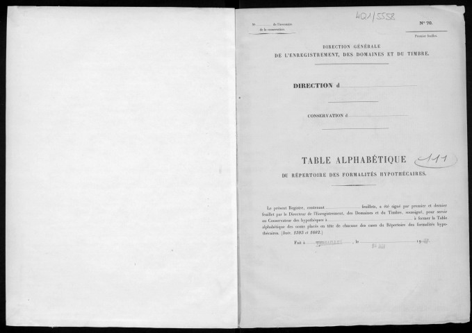 Conservation des hypothèques de CORBEIL. - Table alphabétique du répertoire des formalités hypothécaires, volume n° 111 : A-Z (registre ouvert en 1941). 