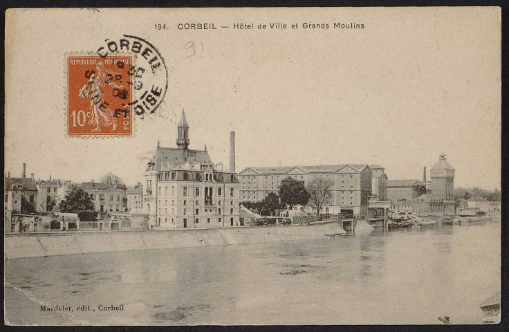 Corbeil-Essonnes.- Hôtel de ville et grands moulins (29 septembre 1908). 