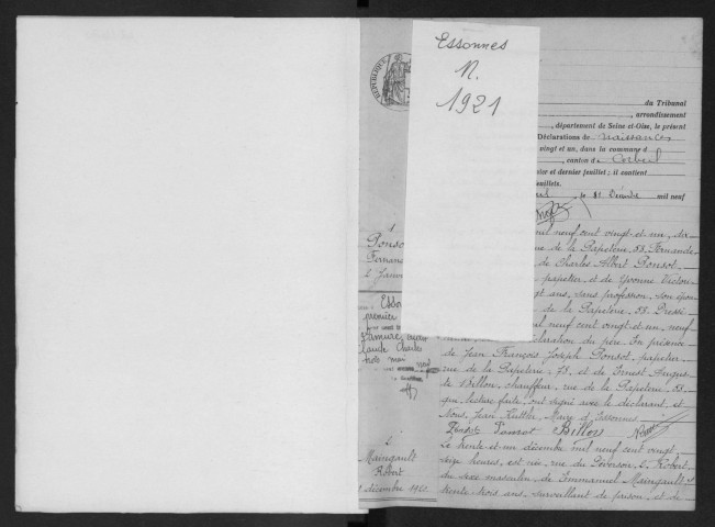 ESSONNES.- Naissances : registre d'état civil. 