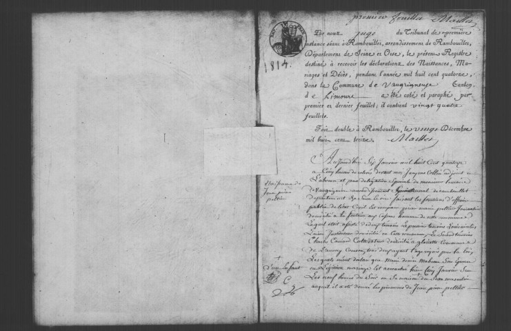 VAUGRIGNEUSE. Naissances, mariages, décès : registre d'état civil (1814-1821). 