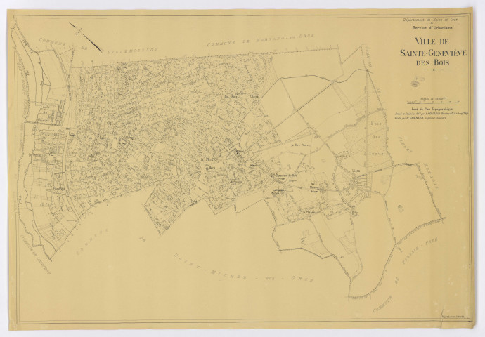Fonds de plan topographique de MORSANG-SUR-ORGE dressé et dessiné par L. POUSSIN, géomètre, vérifié par M. GILLET, géomètre, 1945. Ech. 1/5 000. N et B. Dim. 0,86 x 0,70. 