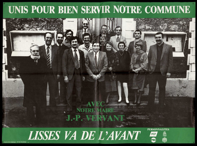 LISSES. - Affiche électorale. Liste Unis pour bien servir notre commune avec notre maire, Jean-Pierre VERVANT (1985). 