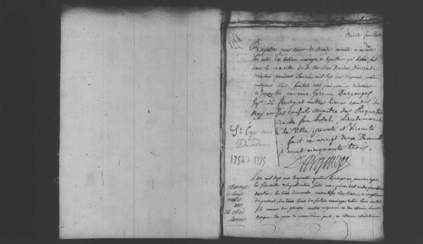 SAINT-CYR-SOUS-DOURDAN. Paroisse Saint-Cyr et Sainte-Julitte : Baptêmes, mariages, sépultures : registre paroissial (1754-1775). 