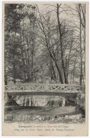 LONGPONT-SUR-ORGE. - Une vue de l'Orge prise sur le vieux pont, route de Perray-Vaucluse. AF, (1908), 3 lignes, 5 c, ad. 