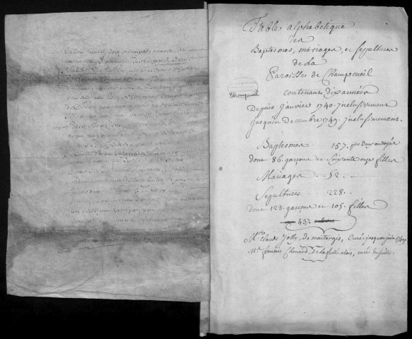 CHAMPCUEIL. - Registre des baptêmes, mariages et sépultures (1740 - 1749). 