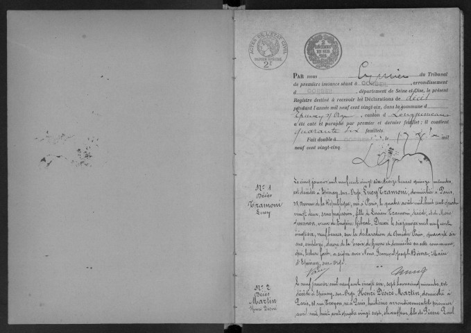 EPINAY-SUR-ORGE.- Décès : registre d'état civil. 