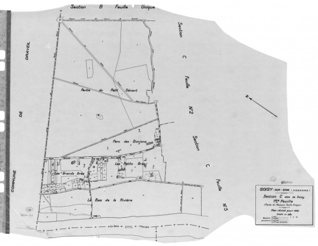 SOISY-SUR-SEINE. - Cadastre révisé pour 1935 : plans de la section A la Forêt, section B la Plaine, section C Soisy 1ère feuille, idem 2ème feuille, idem 3ème feuille, idem 4ème feuille, idem 5ème feuille; cadastre révisé pour 1935 renouvelé pour 1940 : plans de la section C Soisy 5ème ; cadastre révisé pour 1935 mis à jour pour 1970 : plans de la section C Soisy 2ème feuille, idem 5ème feuille, [10 plans]. 