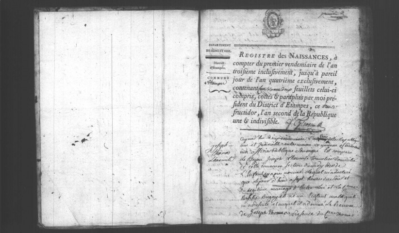 ETAMPES. Naissances : registre d'état civil (an III). 