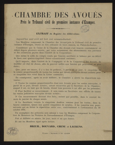 ETAMPES. - Extrait du registre des délibérations de la Chambre des avoués prés le Tribunal civil de première instance du 9 avril 1878, 1878. 