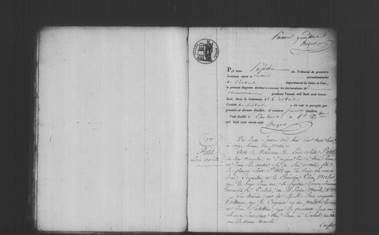 CORBEIL. Naissances : registre d'état civil (1838). 