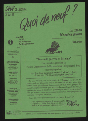 EVRY. - Exposition : Traces de guerres en Essonne, Centre départemental de documentation pédagogique, 2 avril-5 juin 1996. 