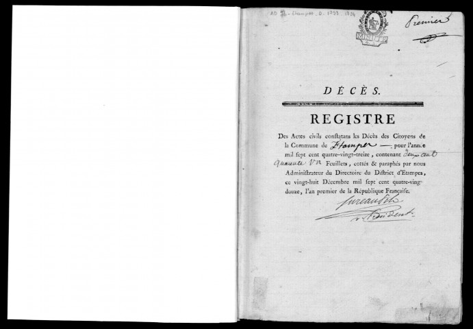 ETAMPES. Décès : registre d'état civil (1793). [Nota bene : jugement de 1806 portant reformation d'un acte de naissance relié à la fin du registre]. 