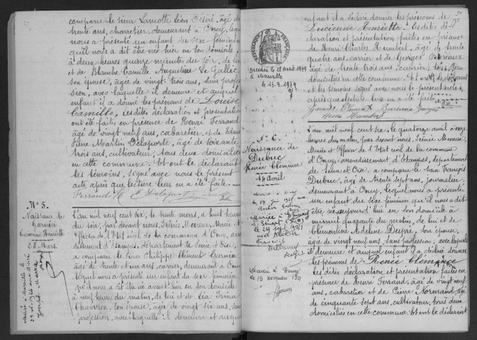 ONCY-SUR-ECOLE. - Naissances, mariages, décès : registre d'état civil.