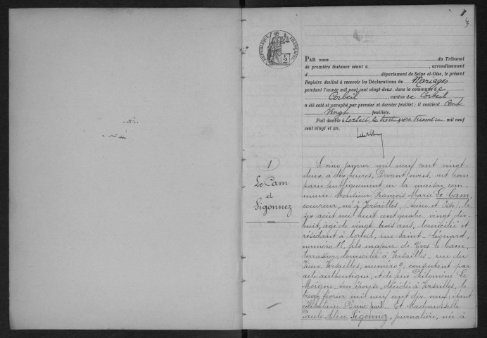 CORBEIL.- Mariages : registre d'état civil. 