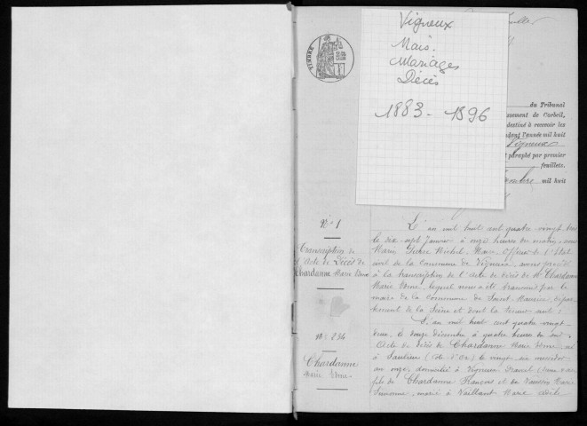 VIGNEUX-SUR-SEINE. Naissances, mariages, décès : registre d'état civil (1883-1896). 