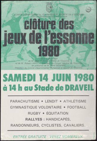 DRAVEIL.- Clôture des jeux de l'Essonne 1980 : parachutisme, lendit, athlétisme, gymnastique volontaire, football, rugby, équitation, Stade de Draveil, 14 juin 1980. 