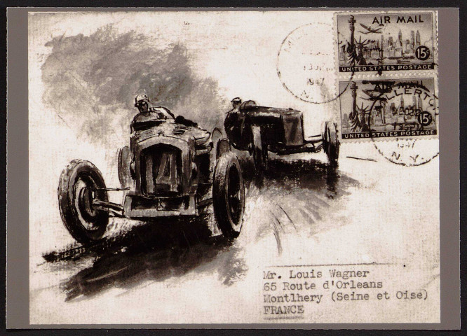 Louis Wagner au volant de son automobile, dessin, 1947.