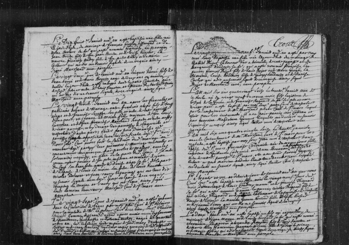 CHALO-SAINT-MARS. Paroisse Saint-Médard : Baptêmes, mariages, sépultures : registre paroissial (1696-1745). [Lacunes : B.M.S. (1712-1730)]. 