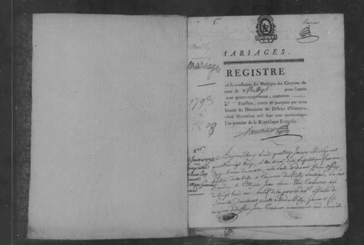 MILLY-LA-FORET. Mariages : registre d'état civil (1793-1808). [Nota bene : pour l'an VII et les six premiers mois de l'an VIII, le registre des mariages concerne toutes les communes du canton]. 