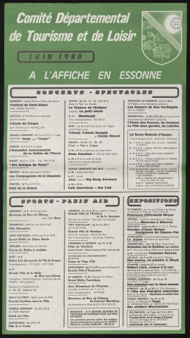 EVRY.- A l'affiche en Essonne : programme culturel, Comité départemental de tourisme et de loisirs, juin 1980. 