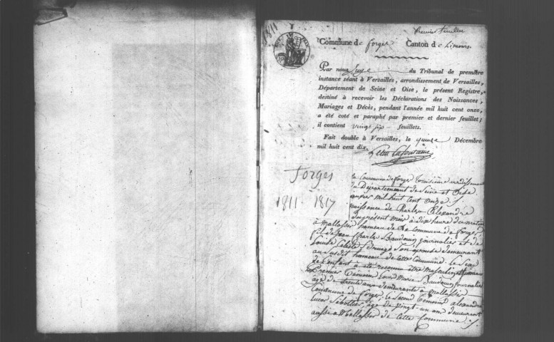 FORGES-LES-BAINS. Naissances, mariages, décès : registre d'état civil (1811-1817). 