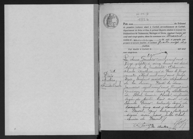 DRAVEIL.- Naissances, mariages, décès : registre d'état civil. 