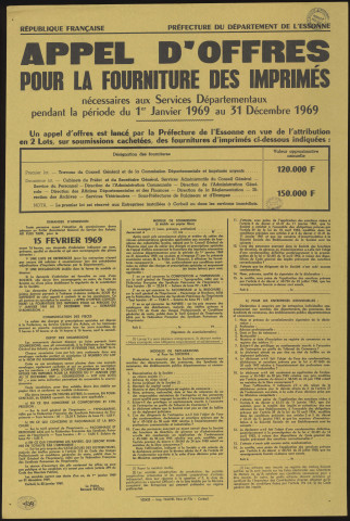 CORBEIL-ESSONNES. - Appel d'offres pour la fourniture des imprimés nécessaires aux Services départementaux pendant la période du 1er janvier 1969 au 31 décembre 1969, janvier 1969. 