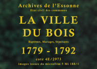VILLE-DU-BOIS (LA). Paroisse Saint-Fiacre : Baptêmes, mariages, sépultures : registre paroissial (1779-1792). 