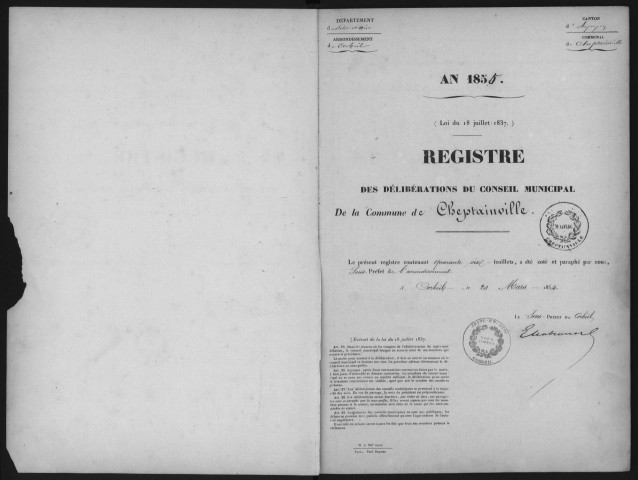 CHEPTAINVILLE. - Administration générale de la commune. - Registre des délibérations du conseil municipal [février 1855-1860]. 