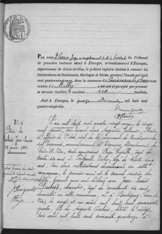 COURDIMANCHE-SUR-ESSONNE.- Naissances, mariages, décès : registre d'état civil (1891-1905). 
