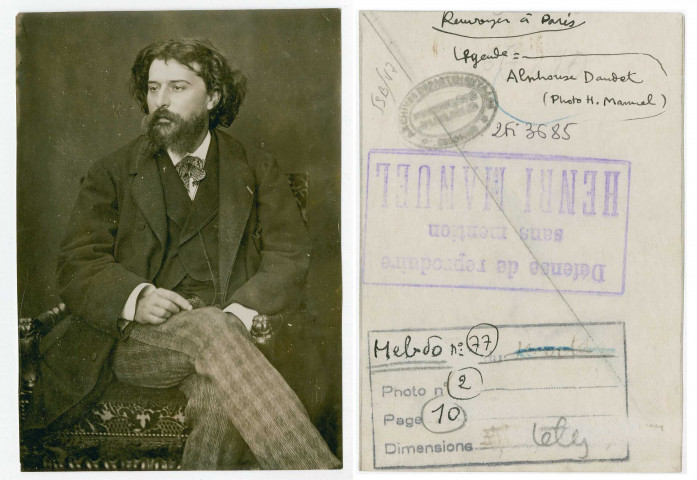 DAUDET Alphonse.- Portrait photographique de l'écrivain, Henri Manuel photographe, [fin XIXème siècle], N et B. Dim. 12,5 x 9 cm. 