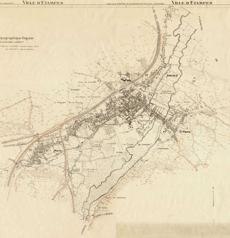 Plan topographique régulier d'ETAMPES dressé et dessiné par J. A. DUPRAT, géomètre-expert, vérifié par M. DAUPHIN, ingénieur-géomètre, Ministère de la Reconstruction et de l'Urbanisme, 1946. Ech. 1/5 000. N et B. Dim. 0,65 x 1,00. 