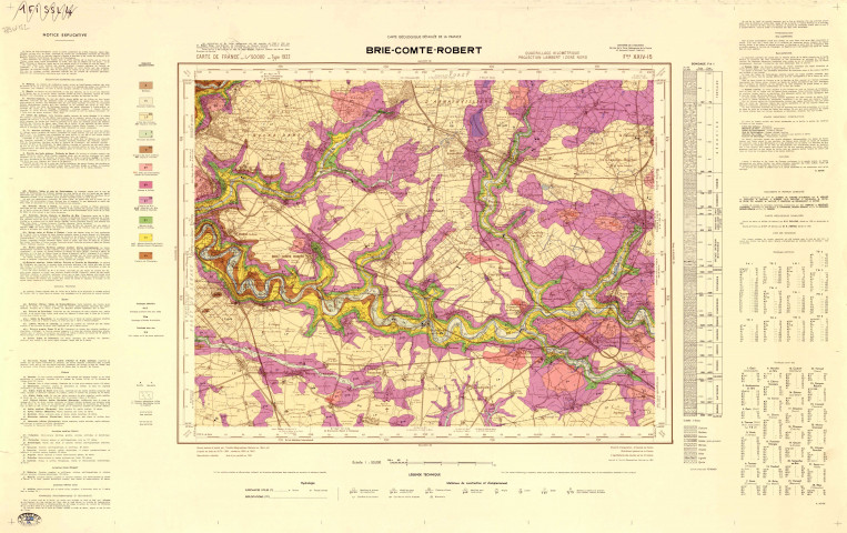 BRIE-COMTE-ROBERT (Seine-et-Marne). - Cartes générales de l'Ile-de-France. Carte géologique de la France, carte de France, feuille XXIV-15, dressé, dessiné et publié par l'Institut géographique national en 1944-1945, d'après les levés de 1872-1901, révisé en 1934 et 1941, mise à jour partielle en 1959, publié et imprimé par l'Institut géographique national en 1963, s. d. Ech. 1/50 000. Papier. Coul. Dim. 63 x 99 cm. [1 plan]. 