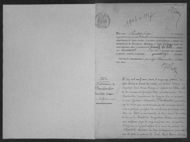 GOMETZ-LA-VILLE. - Naissances, mariages, décès : registre d'état civil. 